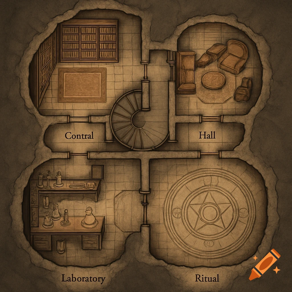 A top-down fantasy floorplan of an underground dungeon, showing rooms like a library, hall, laboratory, and ritual chamber with a spiral staircase.
