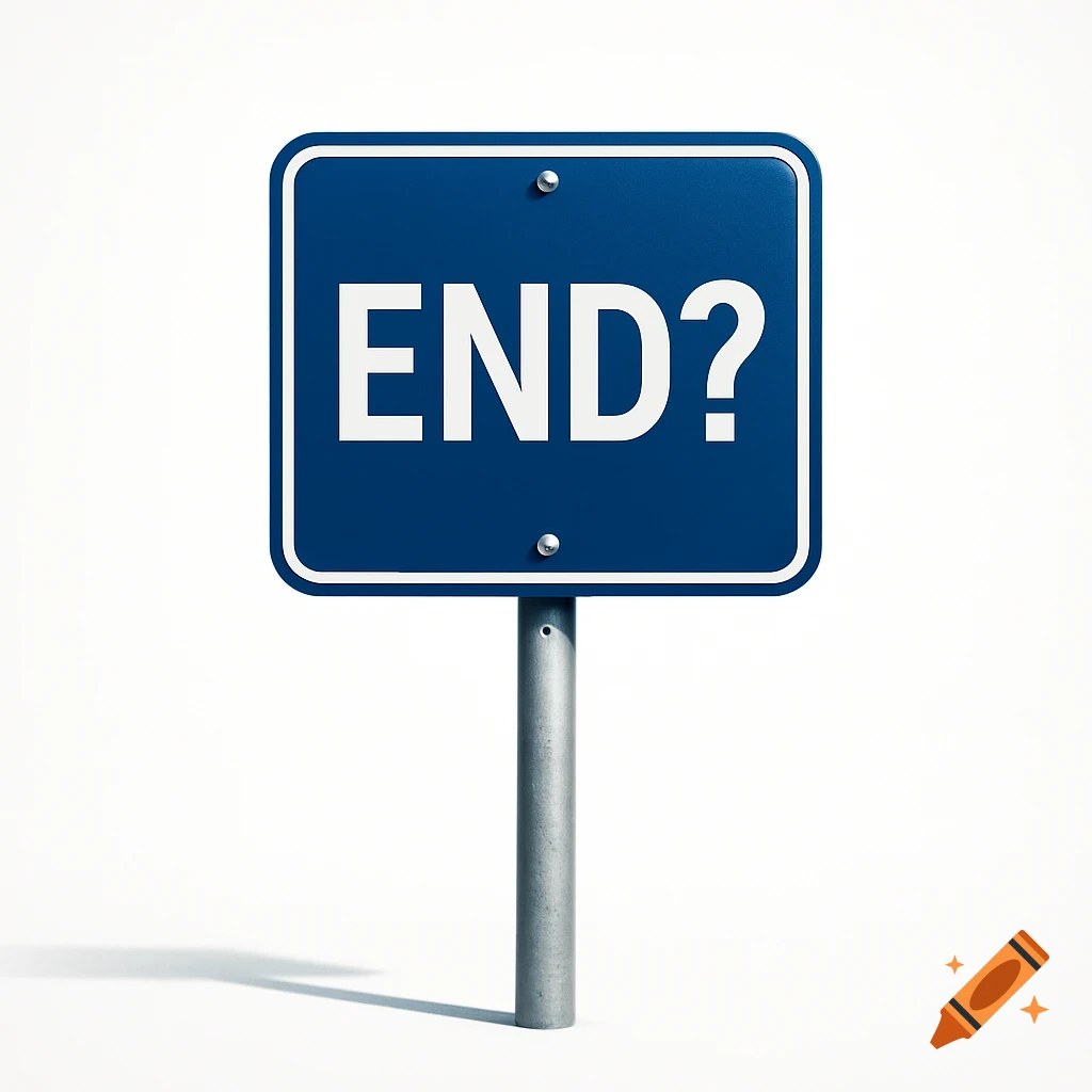 A blue square sign with a white border reads 'END?' in white text, mounted on a silver pole against a white background.