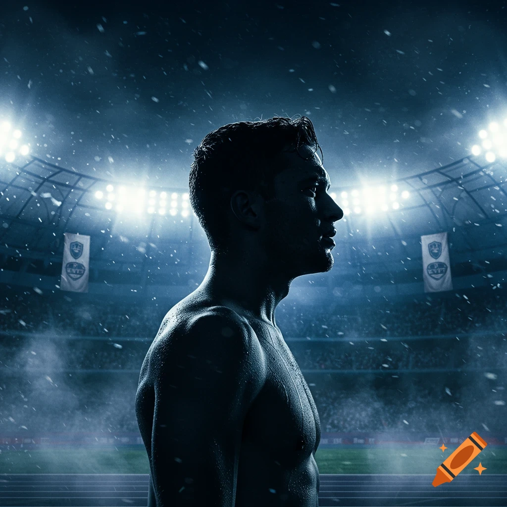 A muscular, shirtless male athlete stands in a rain-swept stadium at night, lit by bright floodlights, in a dramatic, photorealistic style.