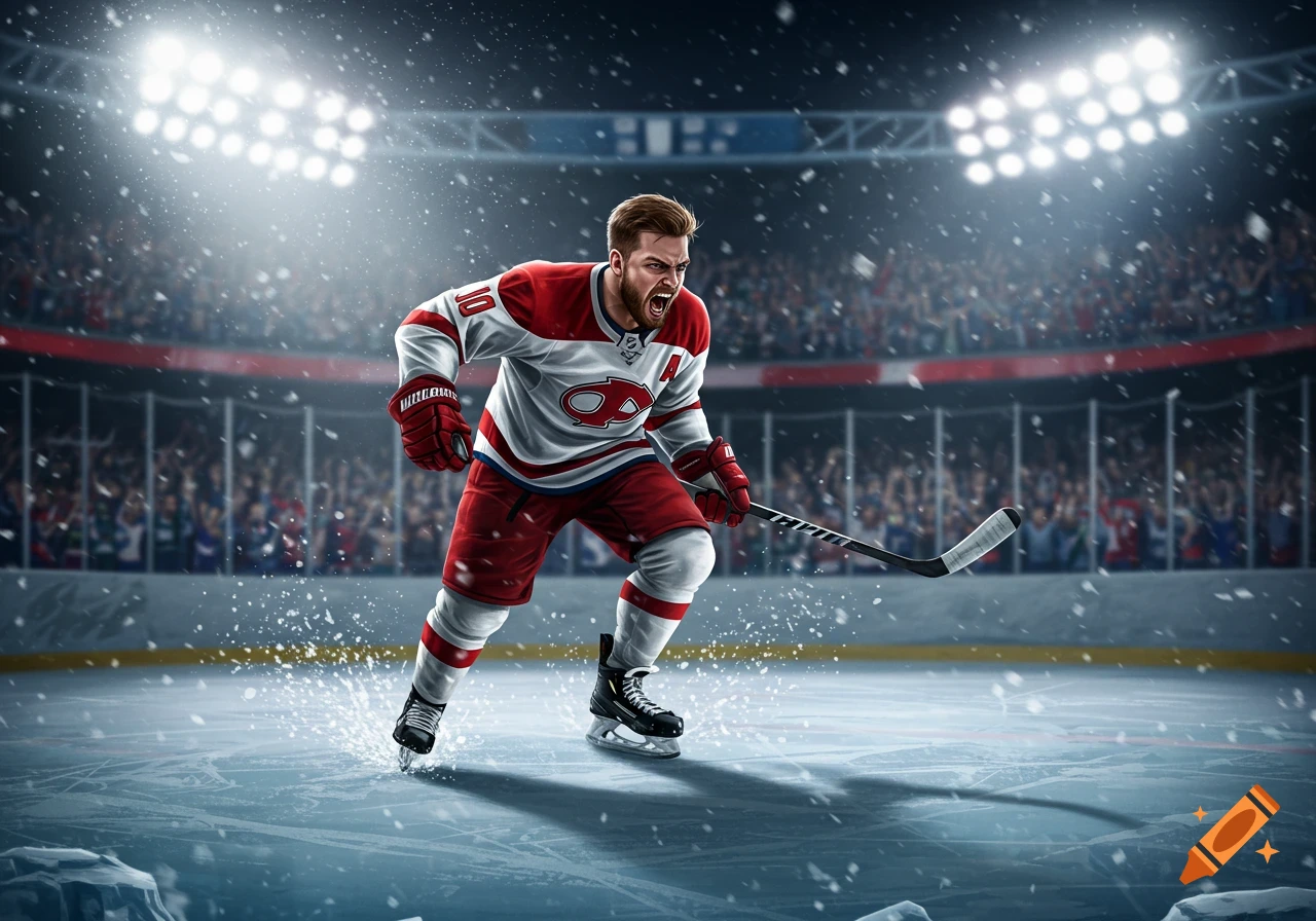 An aggressive hockey player in a white and red jersey skates and yells on a brightly lit ice rink with spectators in the background.