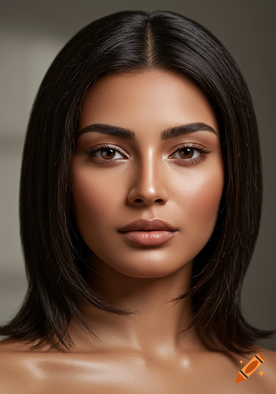 Photorealistic close-up portrait of a young woman with dark hair ...