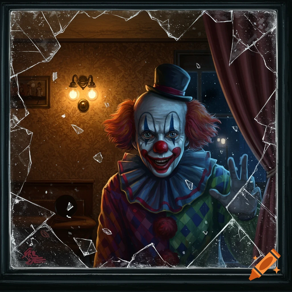 A creepy clown with orange hair and white face paint smiles through a broken window, illuminated by a lamp in a dark room.