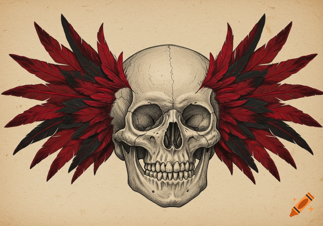 A detailed sketch of a human skull adorned with vibrant red and black feathers fanning out from its sides.