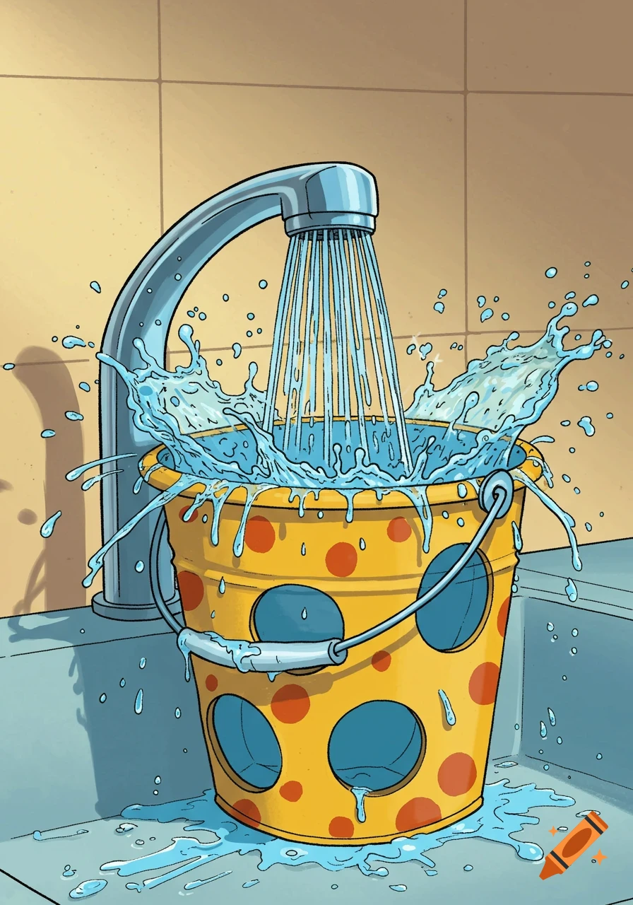 A comic illustration of a yellow polka-dotted bucket with holes overflowing under a running faucet in a sink.