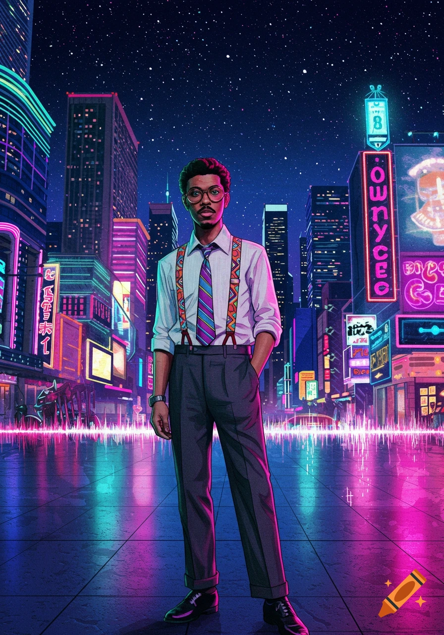 A man in a white shirt, striped tie, and colorful suspenders stands in a neon-lit cyberpunk cityscape under a starry sky.