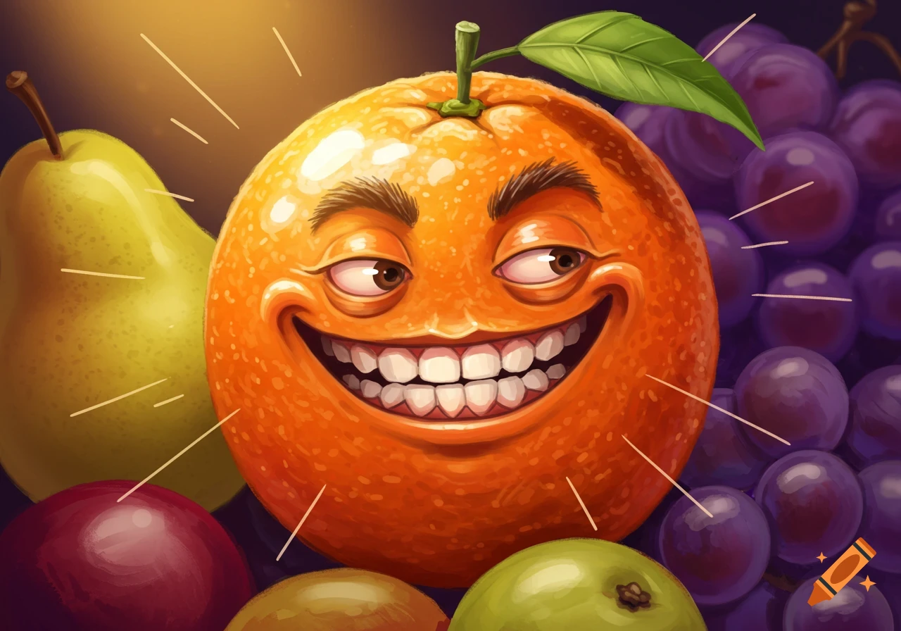 A close-up, cartoon illustration of a smiling, cross-eyed orange surrounded by a pear, grapes, and other fruits.
