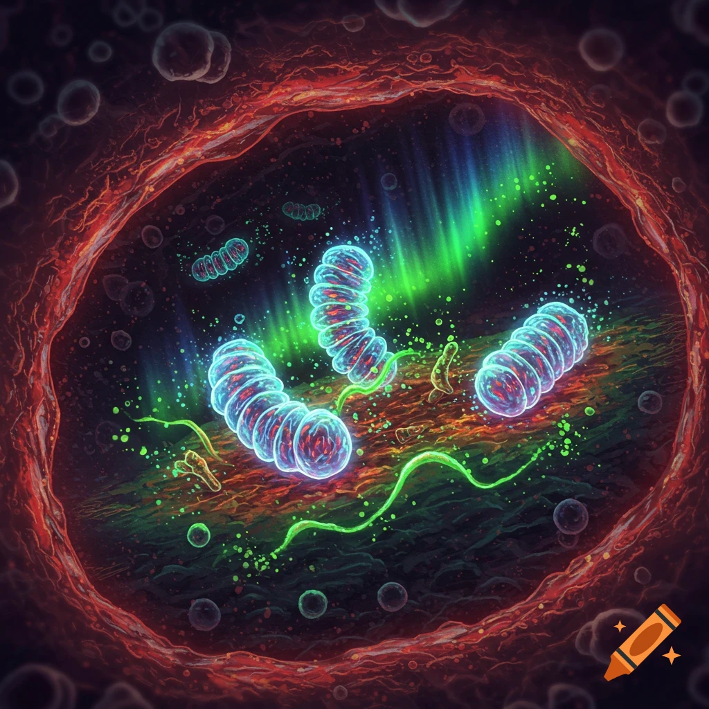 Vibrant microscopic view of glowing segmented microorganisms and bacteria within a red biological cavity, with a green aurora.