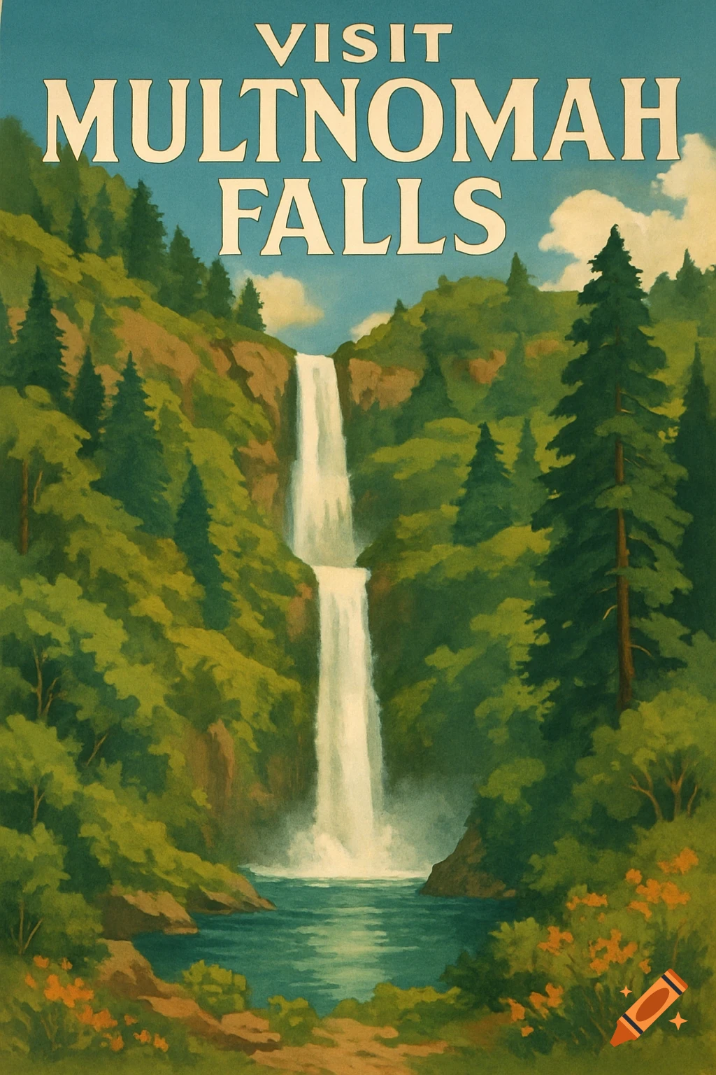 Vintage travel poster for Multnomah Falls, depicting a two-tiered waterfall cascading into a pool surrounded by lush green forests.