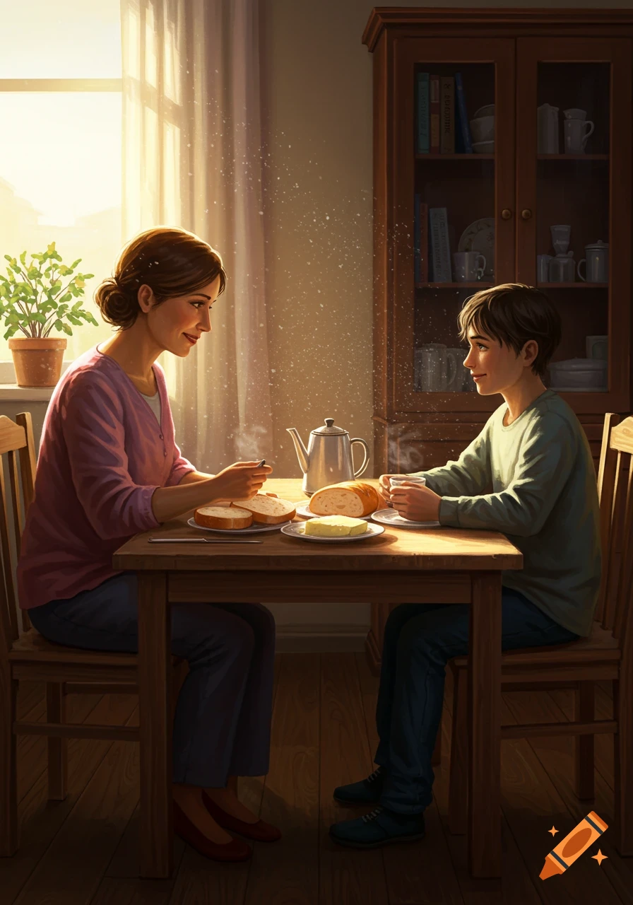 An illustrated scene of a mother and son sharing breakfast at a wooden table, bathed in warm morning light from a window.