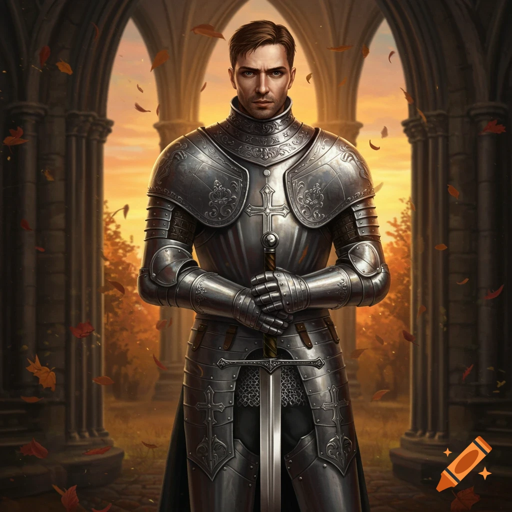 A proud knight in full plate armor stands holding a sword under stone ...