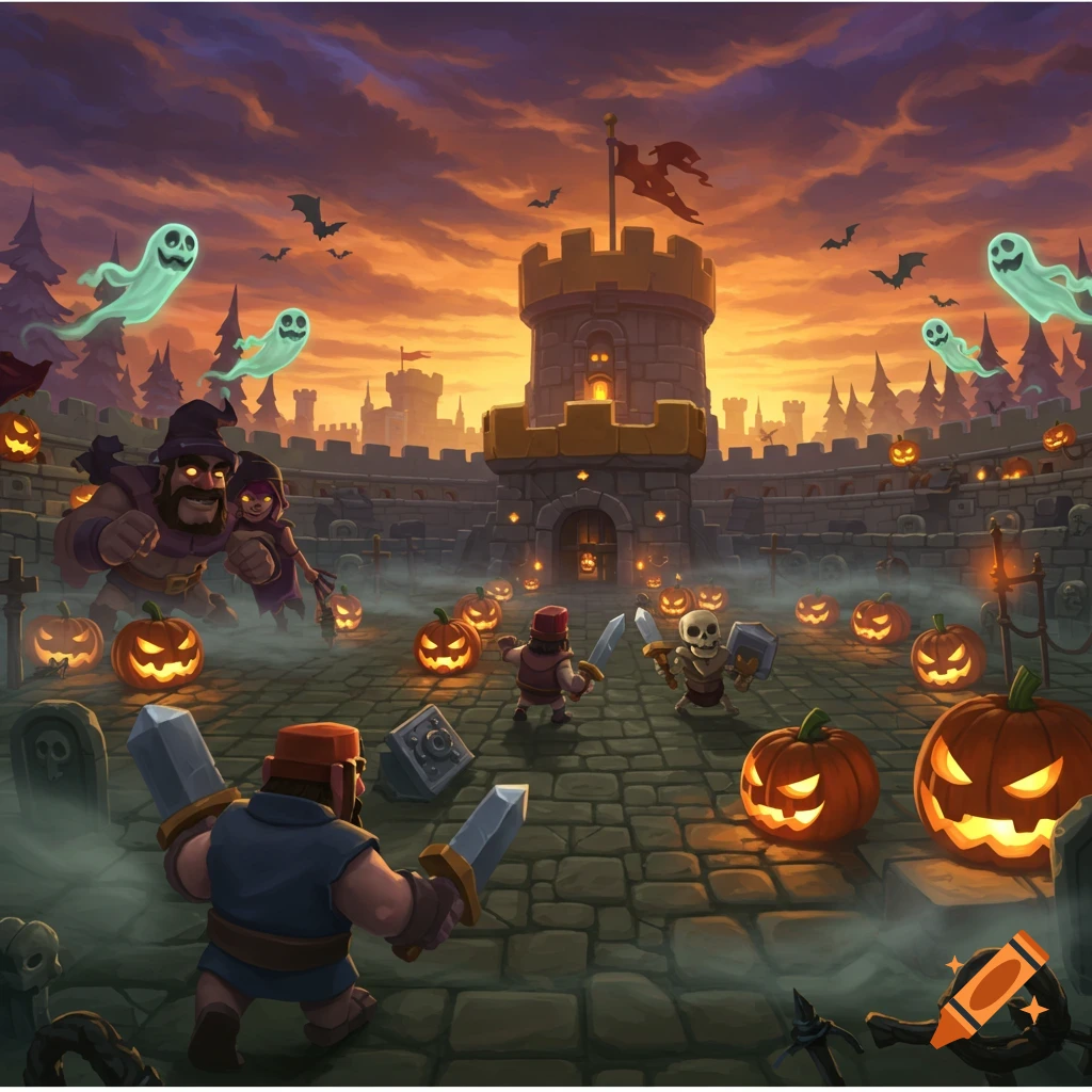 Cartoonish Clash Royale characters battle in a Halloween-themed arena at sunset, with jack-o'-lanterns, ghosts, and a castle.