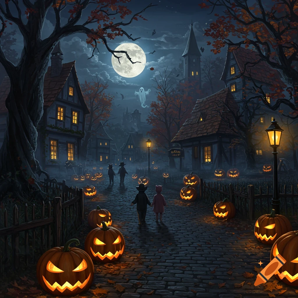 Children trick-or-treating on a spooky village street with glowing jack-o'-lanterns and a ghost under a full moon.