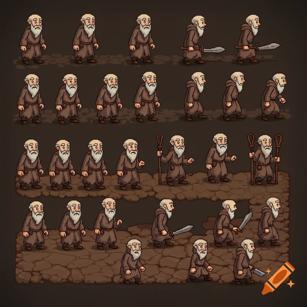 Pixel art sprite sheet of an elderly man in brown robes with a white beard, shown in various poses including walking, standing, and holding a sword or staff, on a dark pixelated ground.