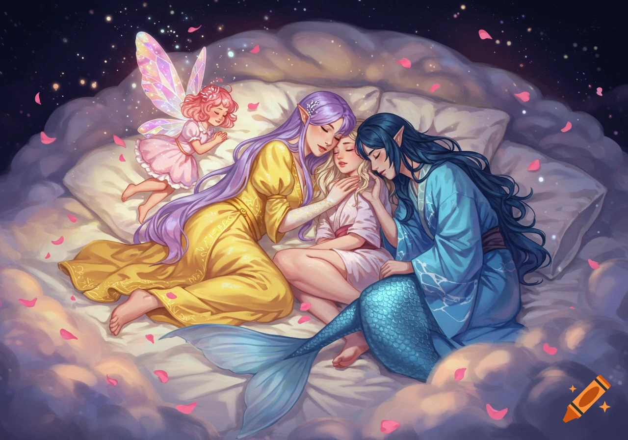 A mermaid, an elf, and another woman cuddle on a cloud bed beneath a starry sky, with a small fairy hovering nearby, in a magical art style.