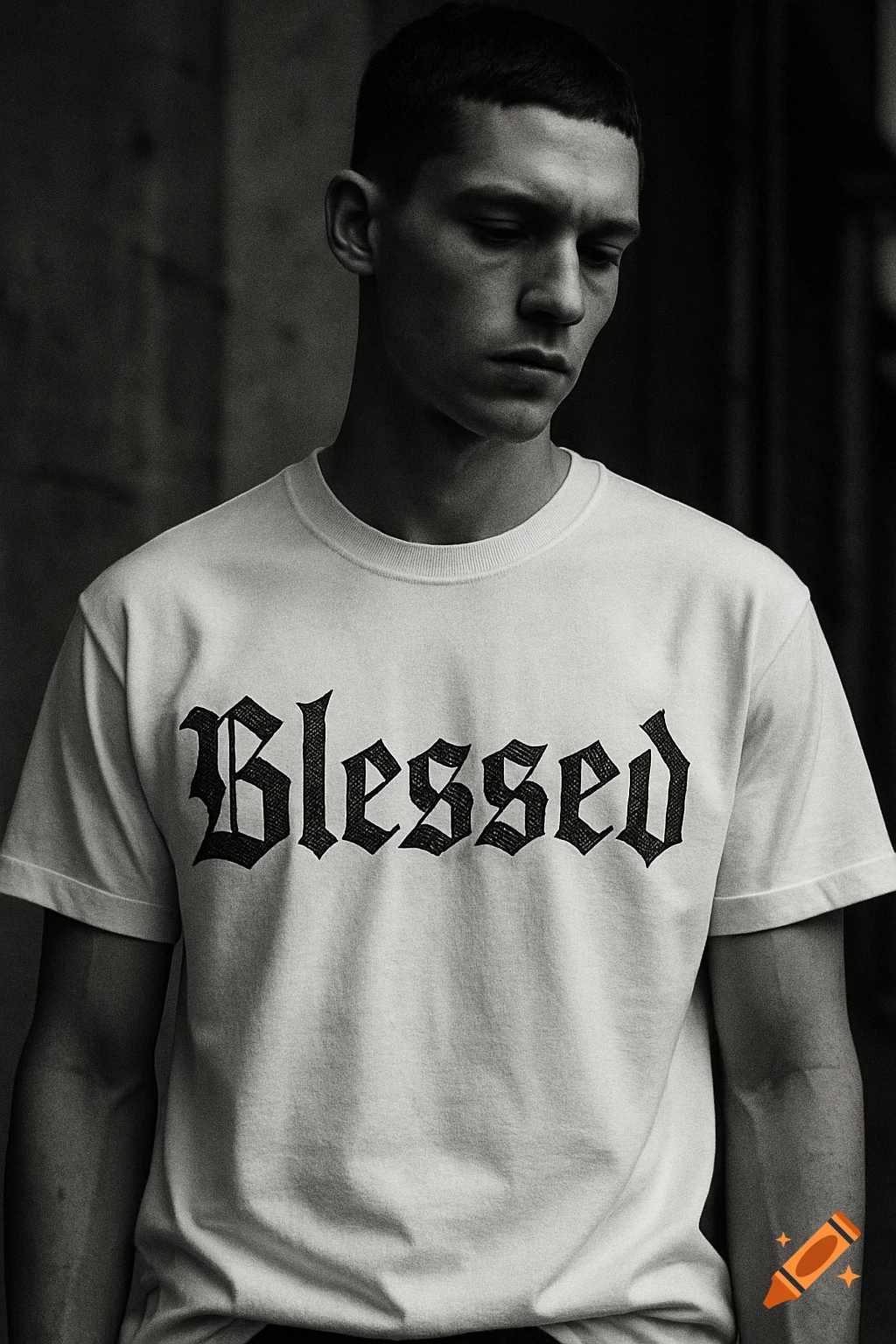 Monochrome portrait of a young man wearing a white t-shirt with 'Blessed' in gothic font.
