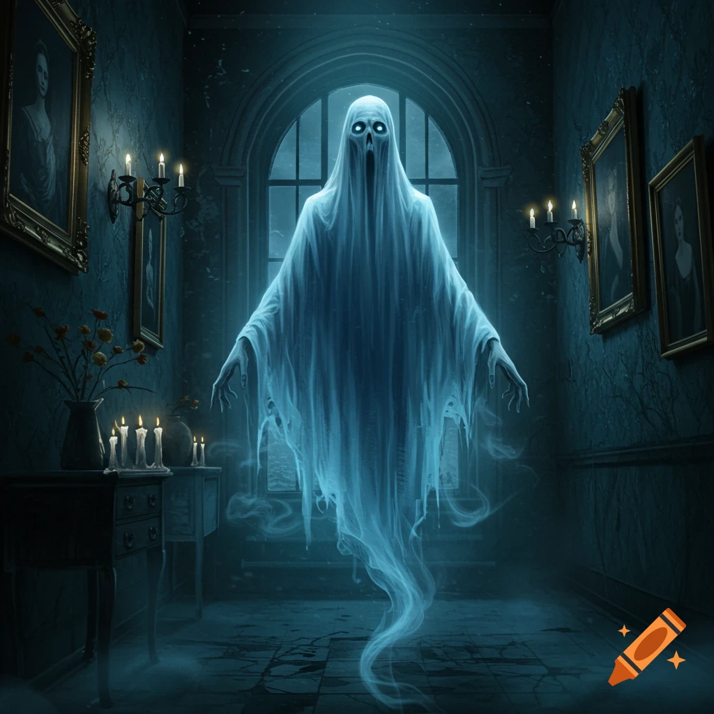 A glowing, spectral ghost with empty eyes floats in a dark, candlelit gothic hallway.
