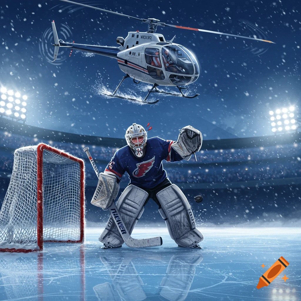 An ice hockey goalie in full gear stands on a snowy rink in an arena under stadium lights, as a helicopter hovers above.