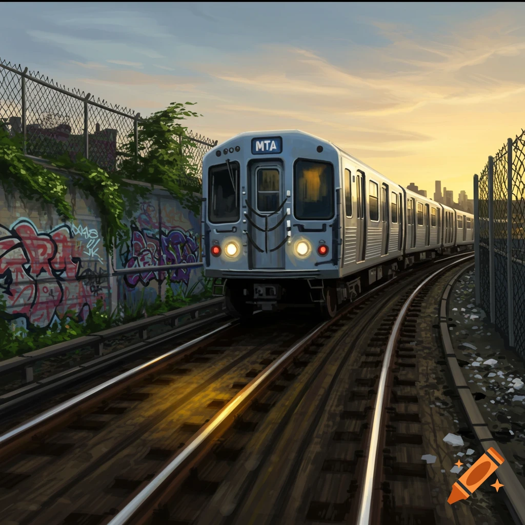 An MTA subway train on tracks, passing graffiti and fences at sunset, with a city skyline in the distance. Digital art.