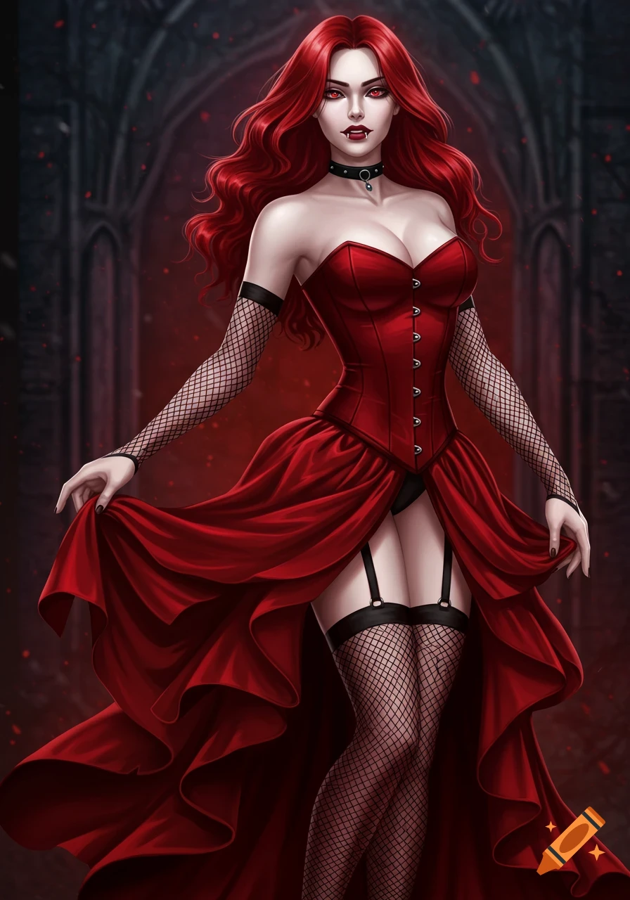 A striking vampire woman with long red hair, red eyes, and pale skin wears a red corset dress, fishnet gloves, and stockings in a gothic setting.