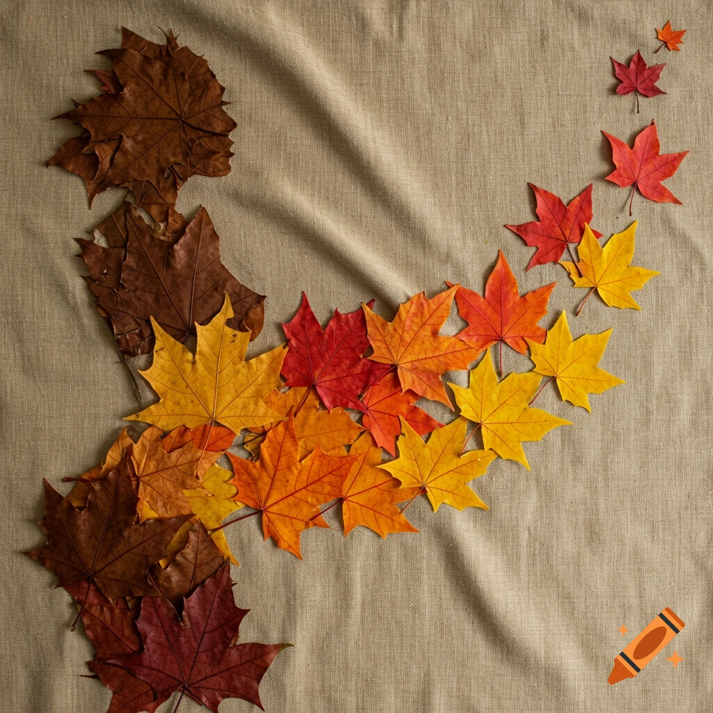 Autumn maple leaves in a color gradient from dark to bright, arranged on a beige textured fabric surface.
