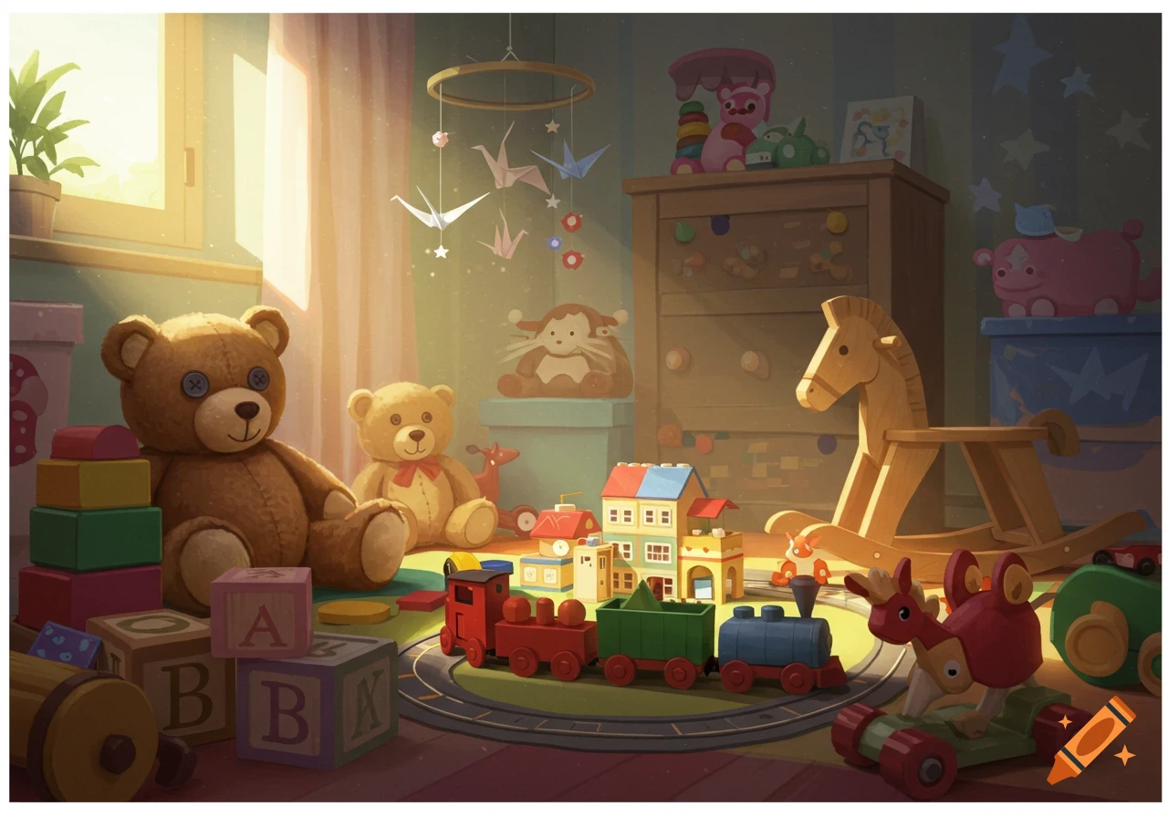 A brightly lit child's room with an abundance of colorful toys including teddy bears, building blocks, a toy train, and a rocking horse.