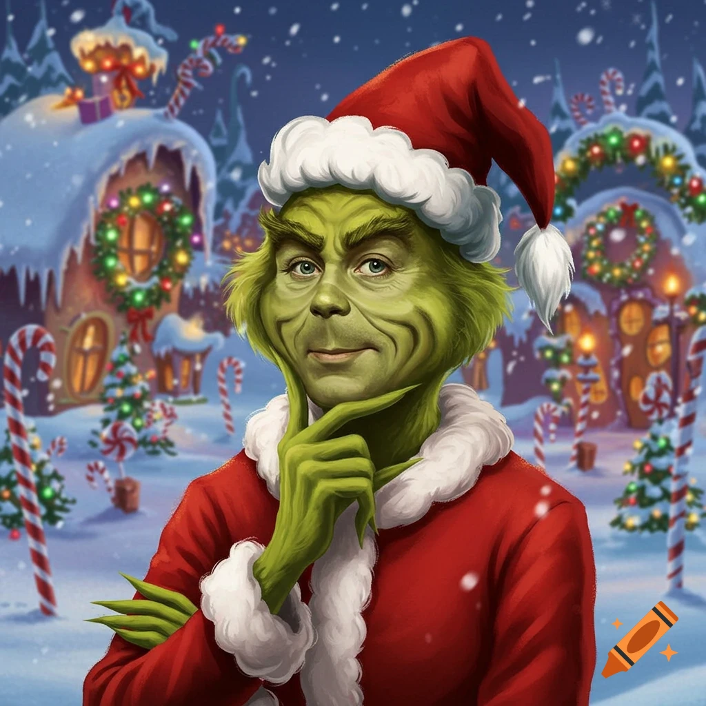 The Grinch in a Santa suit and hat, with a human-like face, standing pensive in a snowy Christmas village.