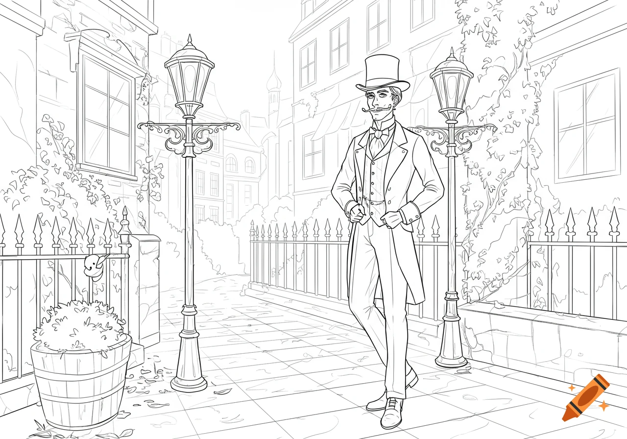 A line art drawing of a dandy man in a top hat and tailcoat standing on a city street with lampposts and buildings.
