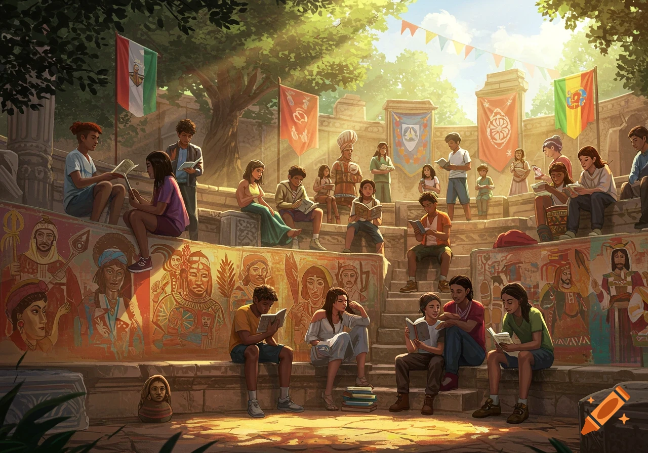 Diverse youth and children read books in an outdoor amphitheater with cultural murals and flags, basking in sunlight.