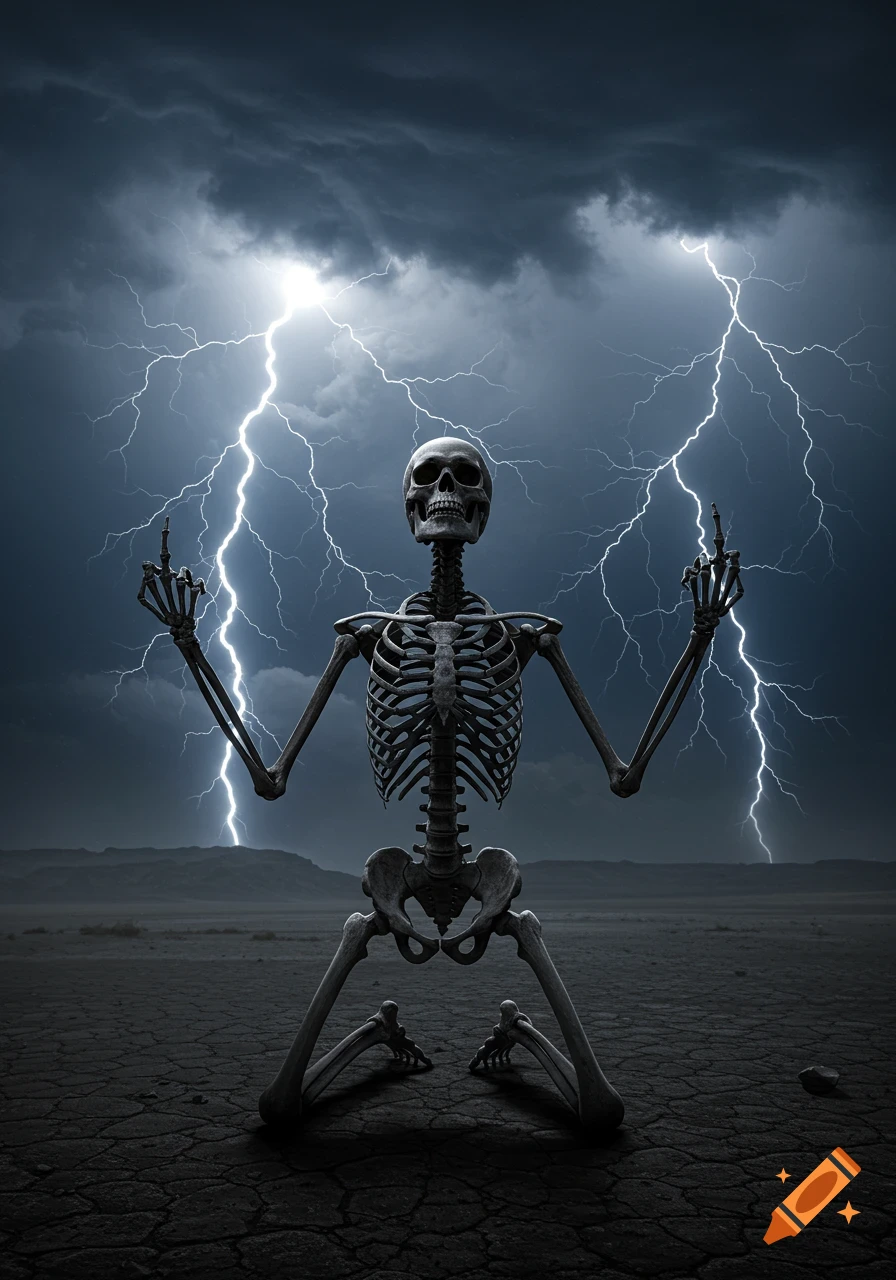 A skeleton kneels in a desolate cracked earth landscape, giving the middle finger to a dark, stormy sky illuminated by multiple lightning bolts, photorealistic.