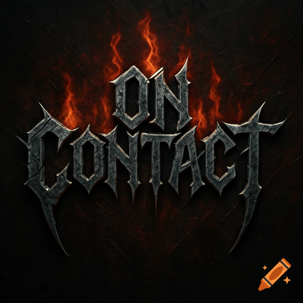 Heavy metal band logo with jagged, dark grey text 'ON CONTACT' set against a dark background with orange flames.