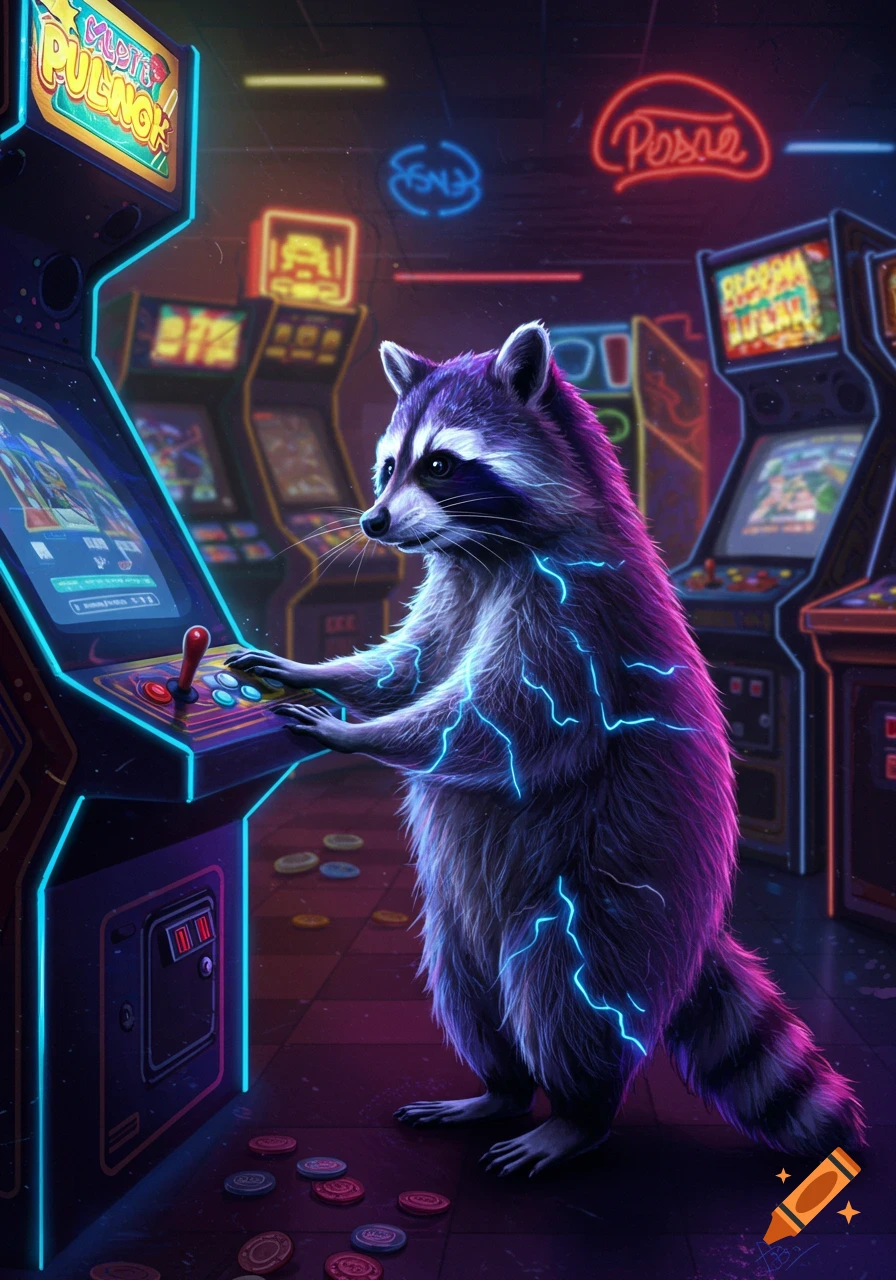 A vibrant purple raccoon with electric blue lightning playing an arcade game in a dimly lit neon-lit arcade.