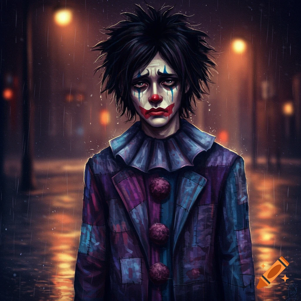 A sad emo clown with messy black hair and smeared makeup cries in the rain on a dimly lit street.