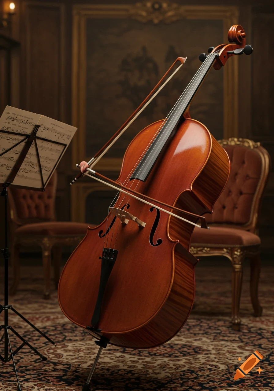 Photorealistic cello with a bow on a music stand with sheet music in an ornate, dim room.