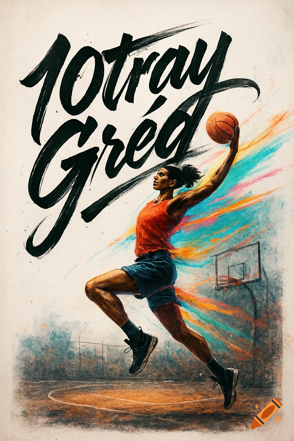 A basketball player in mid-air dunking, with large stylized text '10tray Grég' and colorful streaks in an illustrative style.