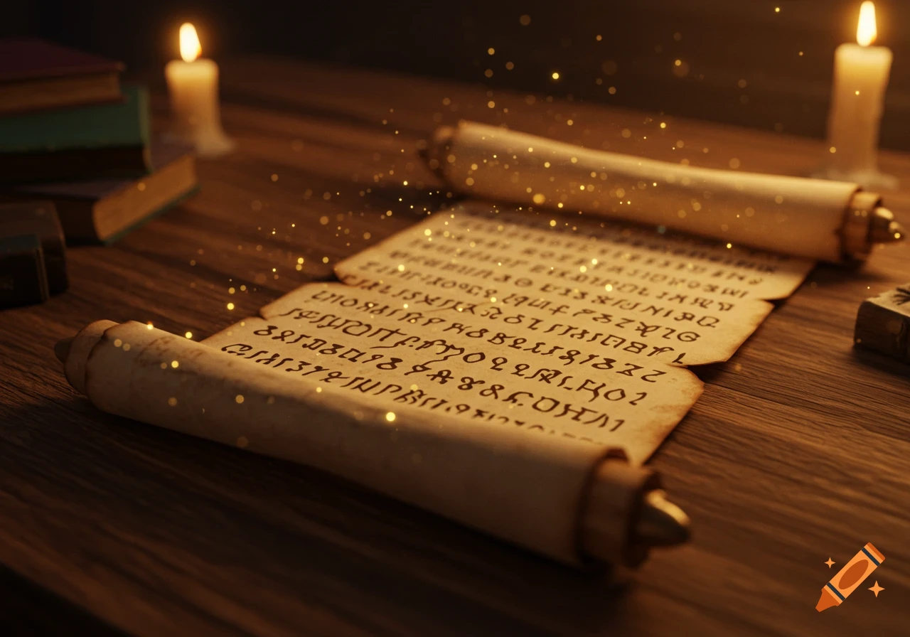 A glowing scroll with ancient script on a wooden table, flanked by lit candles and books, in a mystical setting.