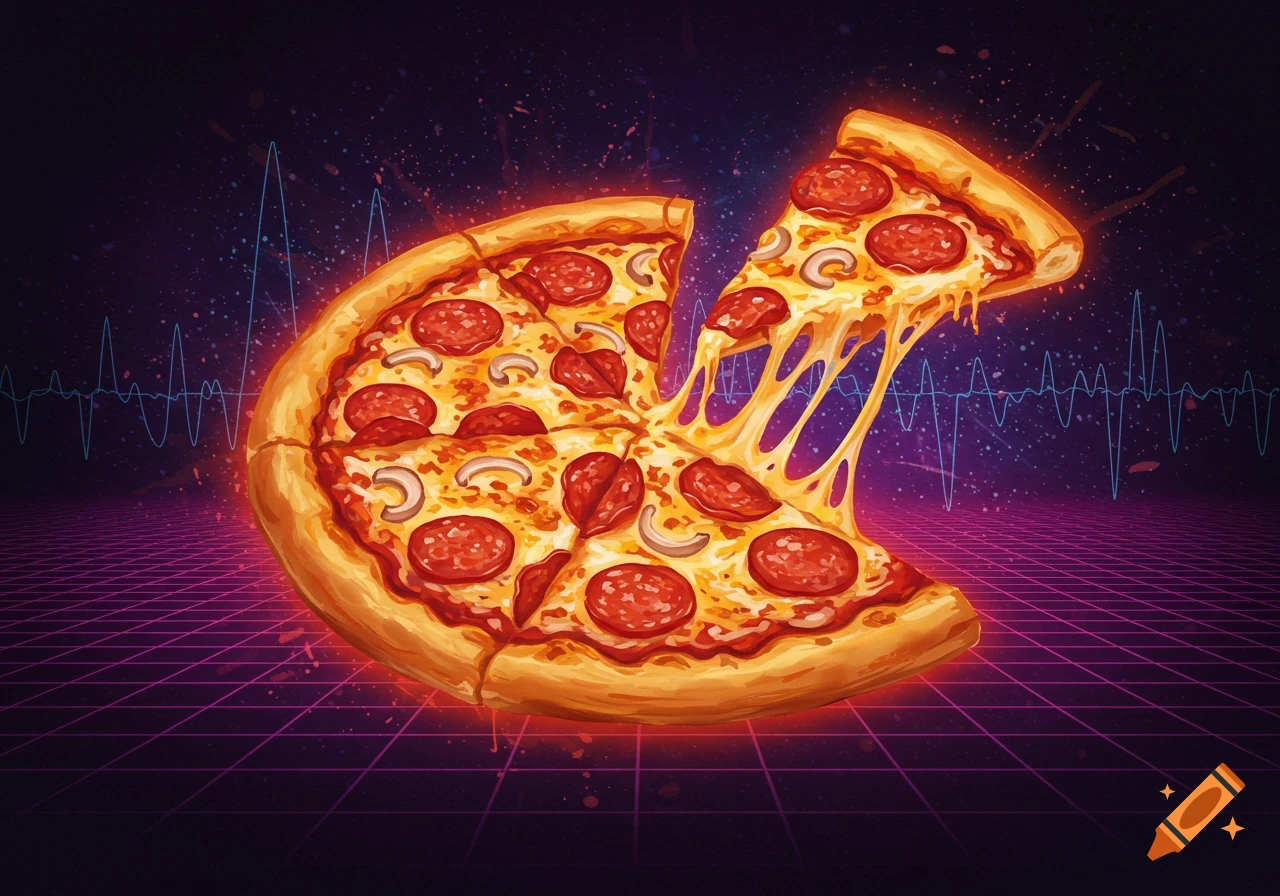 A vibrant, stylized pepperoni and mushroom pizza with a slice pulling away, showing stretching cheese, against a synthwave background.