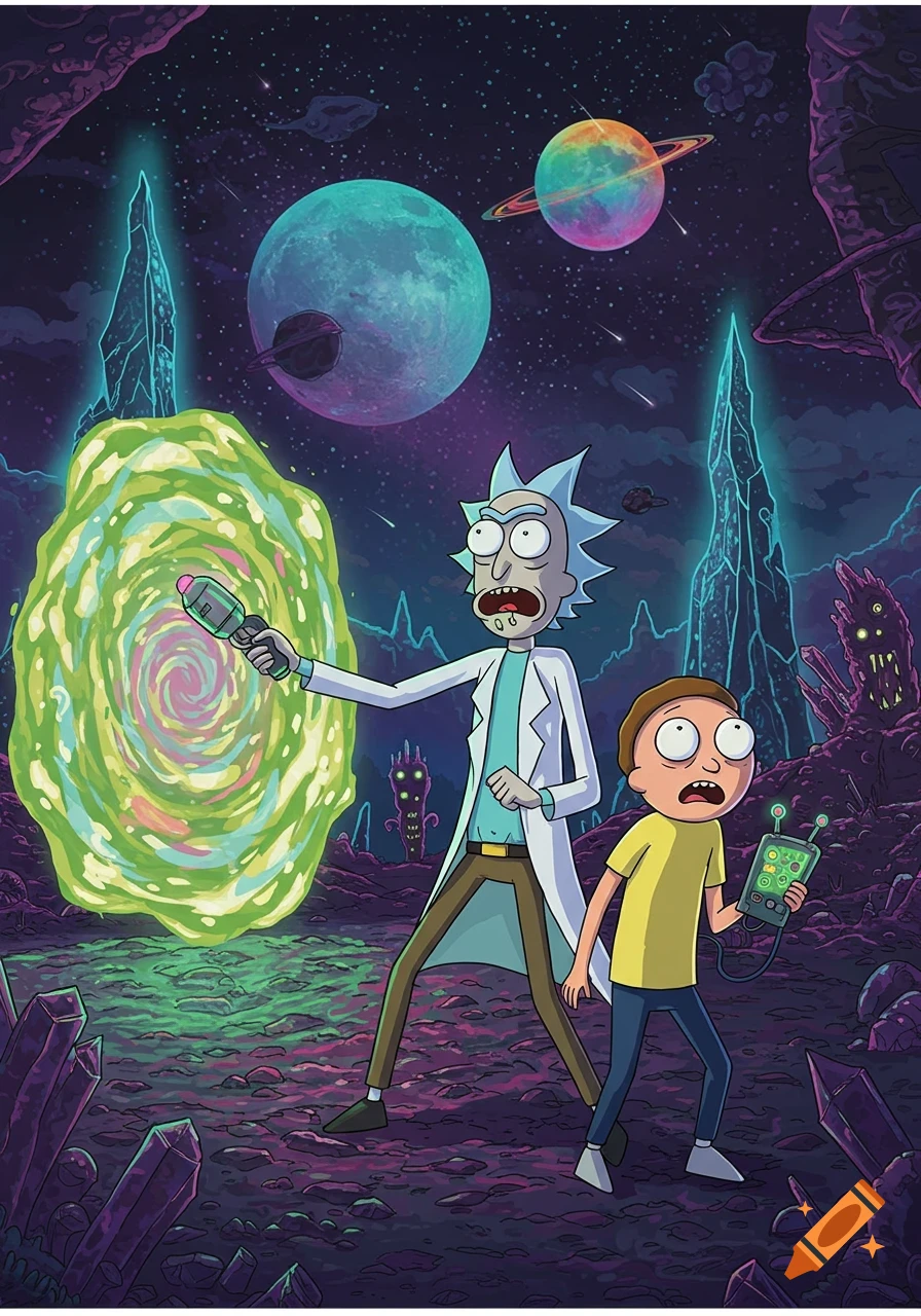 Rick and Morty stand on a colorful alien planet with giant crystals and strange structures. Rick aims a portal gun at a swirling green portal, while Morty holds a tech device.
