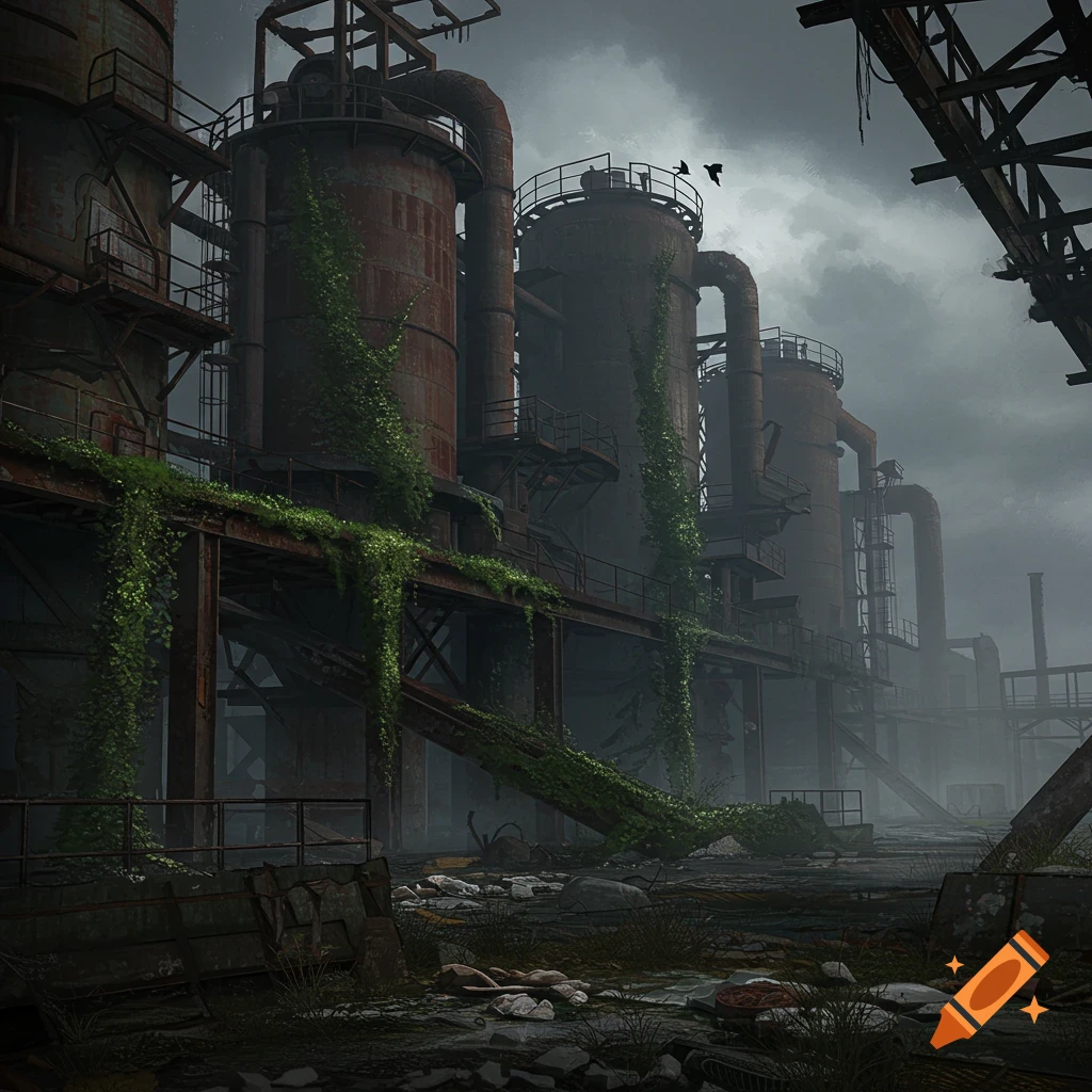 Rusted, abandoned industrial facility with pipes and tanks covered in green vines under a dark, overcast sky.