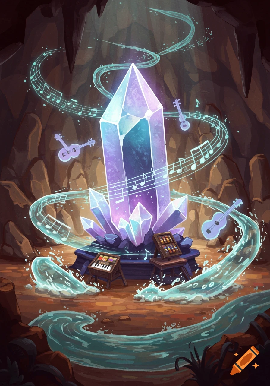 A large, glowing purple crystal in a cave, surrounded by floating musical instruments, notes, and water streams, in a fantasy art style.