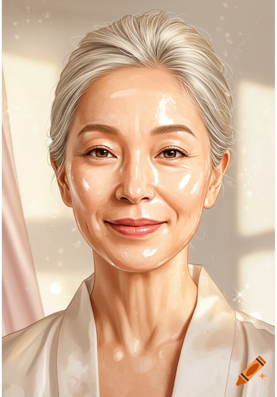 Illustration of an older woman with gray hair smiling, with shiny face cream on her face and neck, wearing a white robe.