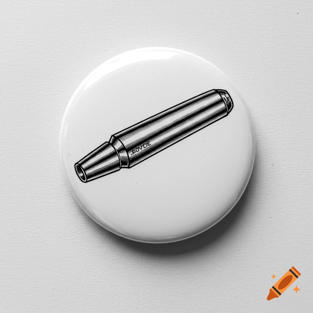 Black and white drawing of a Bovie cautery tip on a white circular button pin.