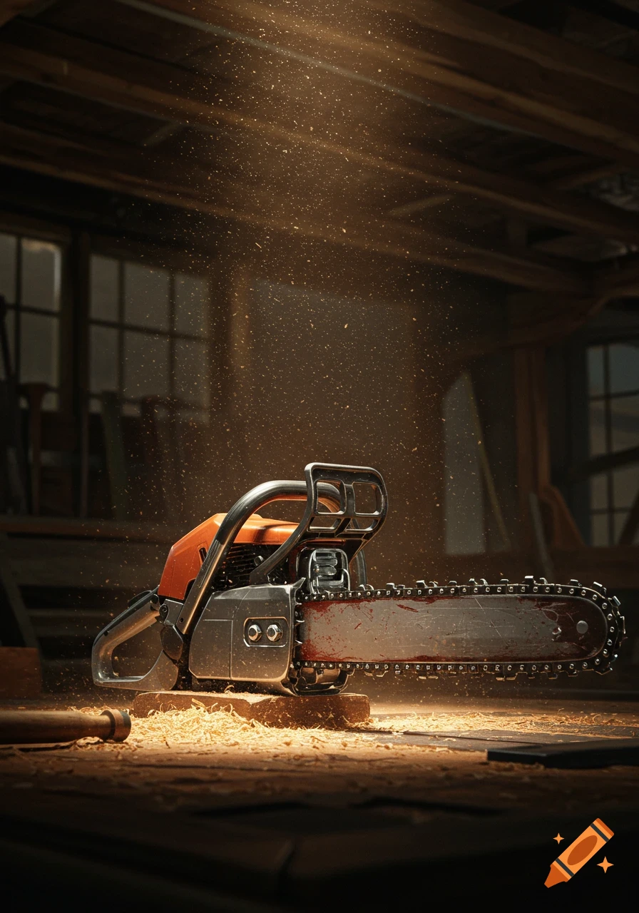 A close-up of an orange and silver chainsaw covered in sawdust on a wooden surface in a dusty workshop.