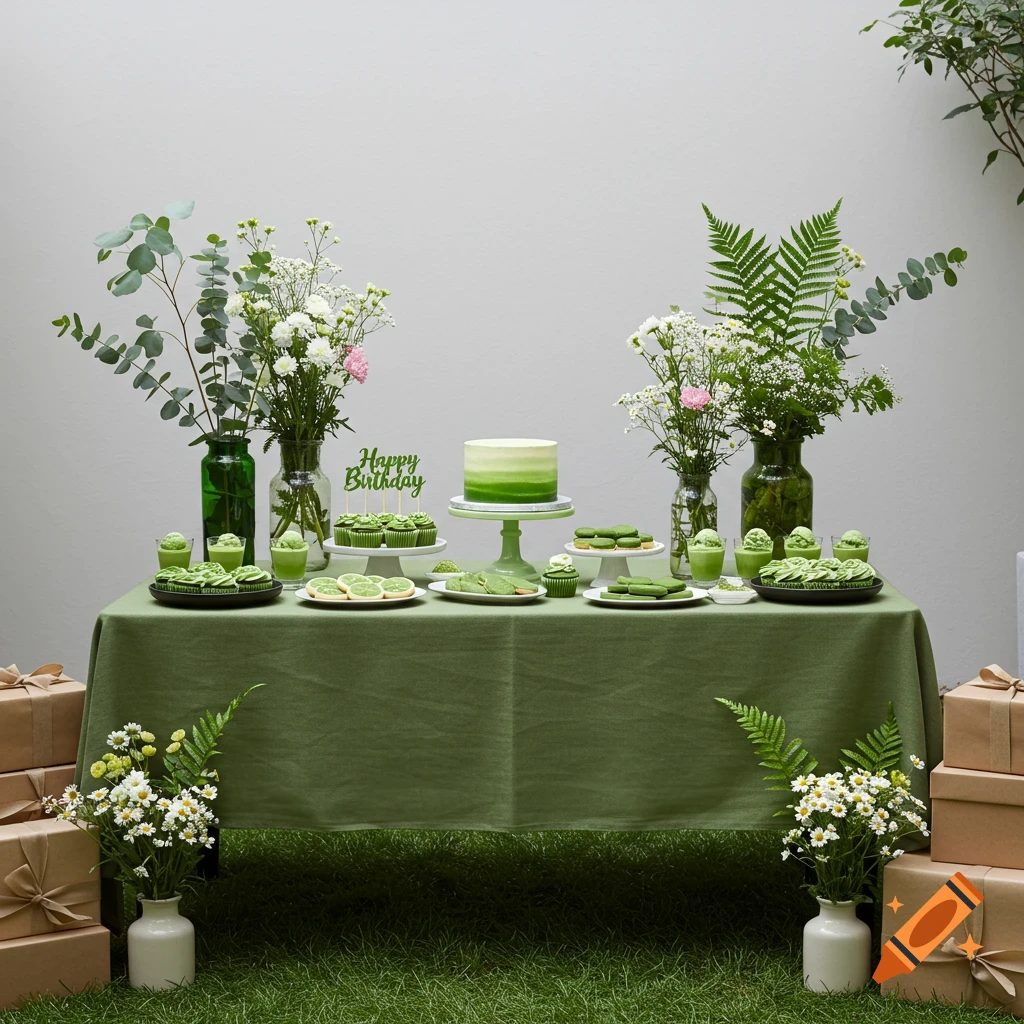 A photorealistic outdoor birthday dessert table with green tablecloth, matcha gradient cake, cupcakes, cookies, and floral decor.