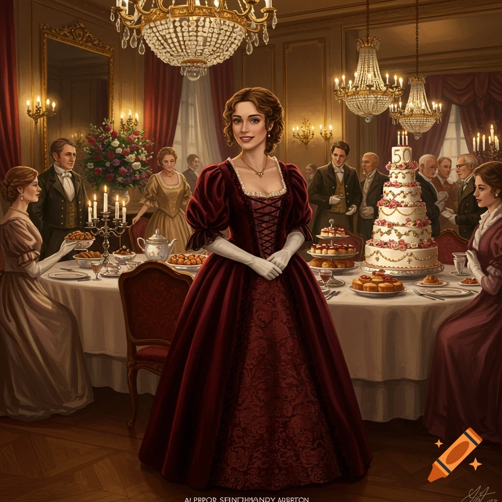 A woman in a red Victorian gown stands by a long table with a 50th birthday cake and other desserts in a grand room with guests.