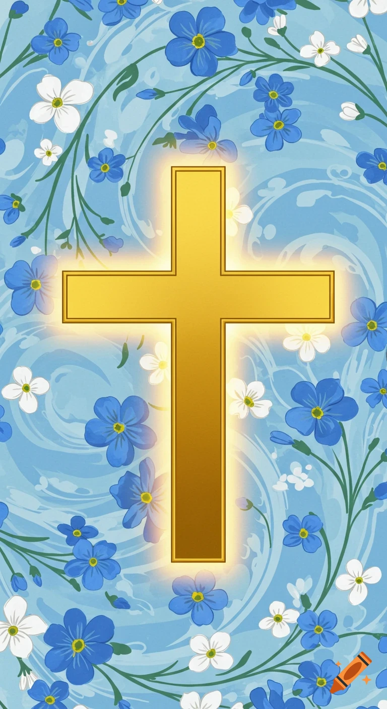 A glowing golden cross centered on a light blue background with a swirling pattern, surrounded by white and blue flowers and green vines.