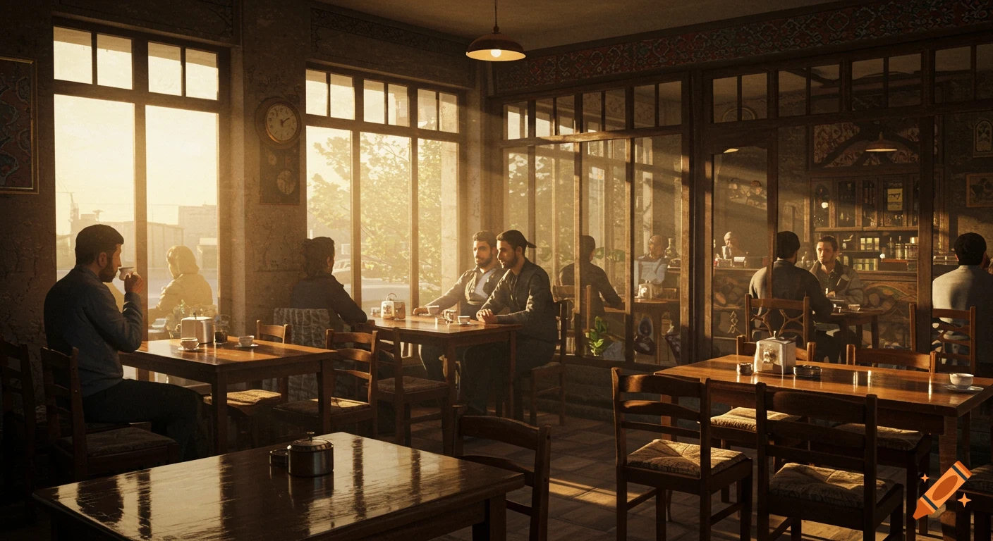 Photorealistic scene of people drinking coffee in a cozy cafe, bathed in warm golden sunlight through large windows.