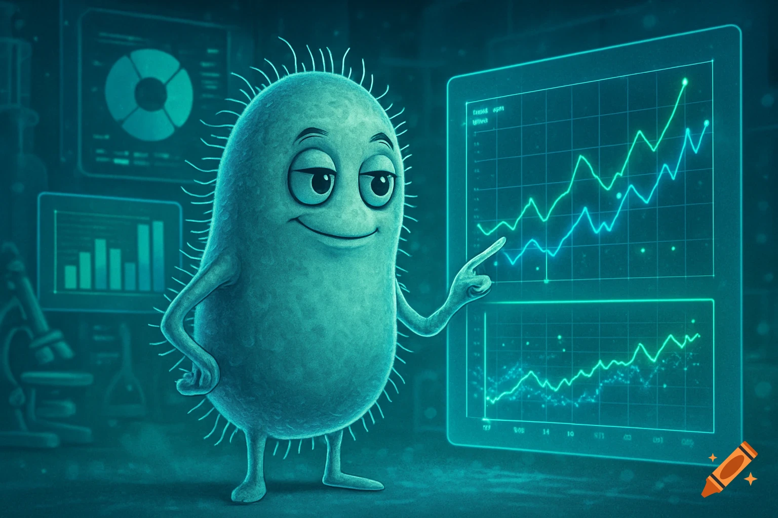 A smiling cartoon microbe points at glowing blue and green line graphs on a futuristic transparent screen, with other charts in the background.
