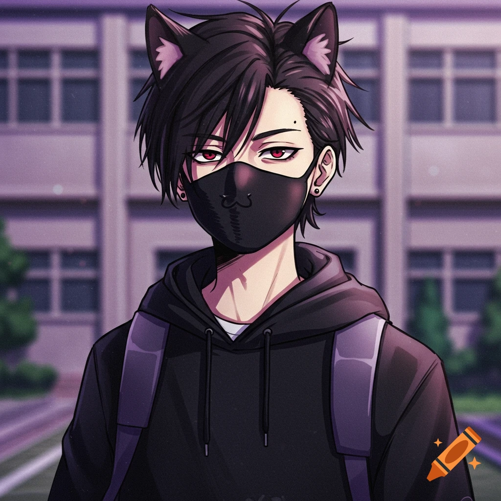 Anime-style male student with dark hair, red eyes, black mask, cat ears, black hoodie, and backpack in front of a school.