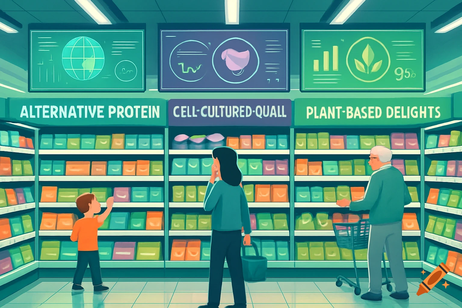 A stylized, bright, modern grocery store aisle featuring shelves filled with colorful alternative protein, cell-cultured, and plant-based products. Shoppers, including a child and an elderly man, browse, while digital screens display stats above.