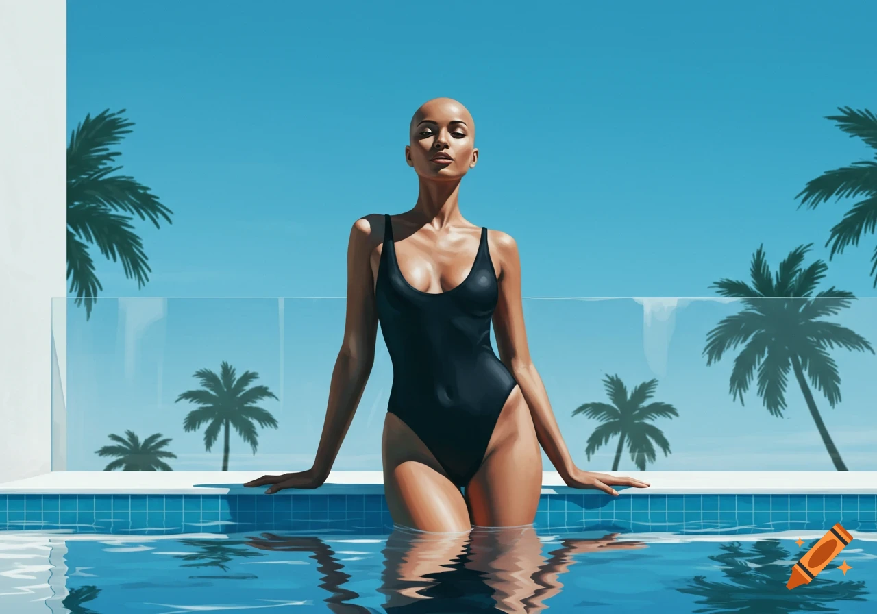 A bald woman in a black one-piece swimsuit stands in a pool, leaning on the edge, under a clear blue sky with palm trees.